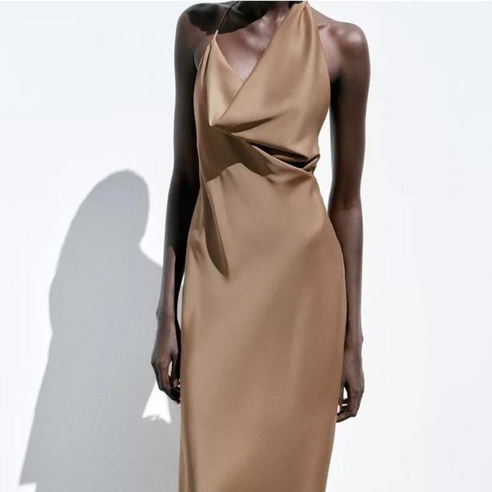 Zara Satin Cowl Neck Midi Dress in Brown